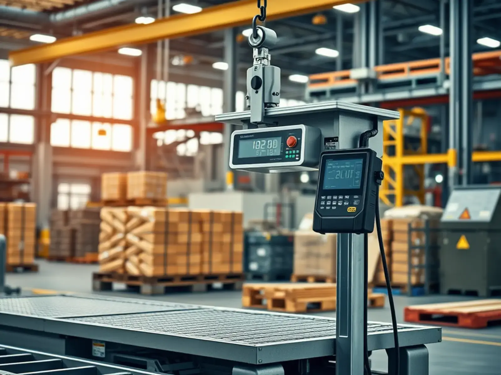 Balanza industrial de plataforma con pantalla digital para medir grandes cargas, utilizada en almacenes y fábricas para pesaje de mercancías y productos voluminosos.