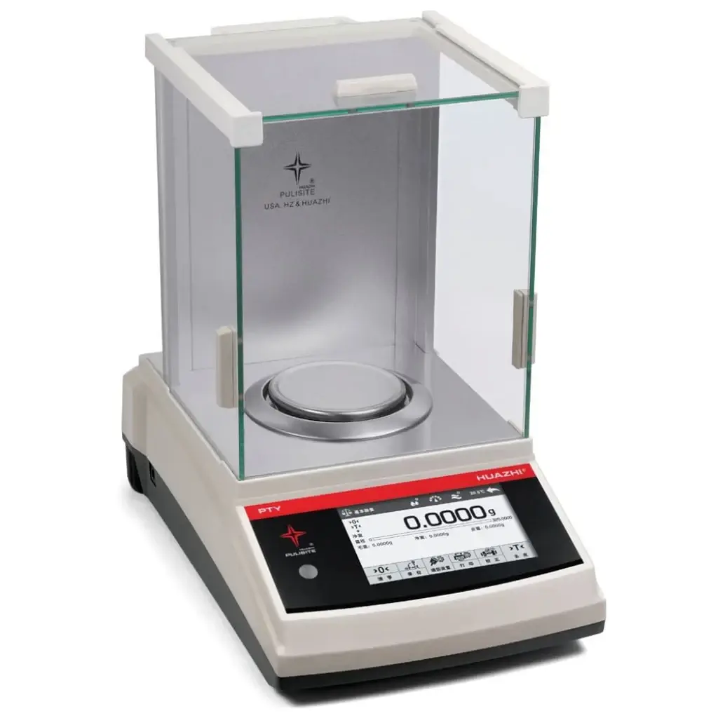 Balanza granatarias digital moderna con plataforma de pesaje y pantalla LCD, ideal para realizar mediciones precisas de pequeñas muestras en entornos de investigación científica y control de calidad.