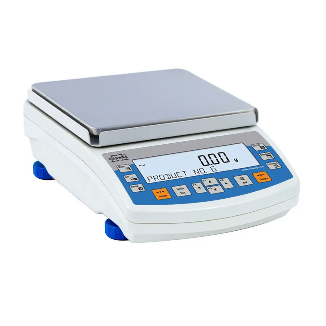 Balanza de laboratorio digital de alta precisión WBA-3200, con plataforma de acero inoxidable y pantalla LCD, diseñada para medir con exactitud pequeñas muestras en aplicaciones científicas y de control de calidad.